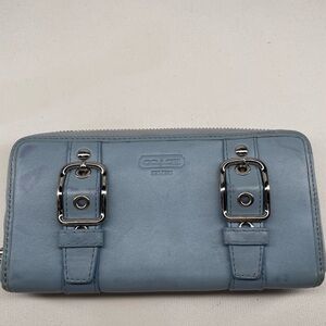 Coach Light Blue Leather Zip Wallet with Silver Hardware